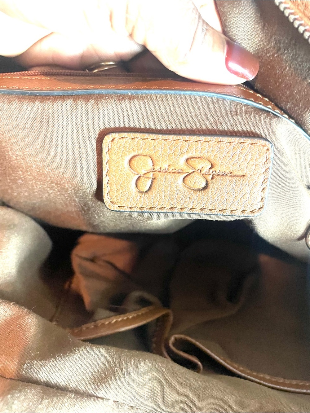 Jessica Simpson Cognac Faux Pebbled Leather Woven Boho Satchel Handbag - Picture 10 of 16